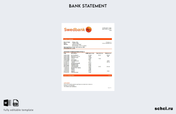 цифровая загрузка шаблона слова банковской выписки Swedbank в Латвии